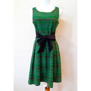 Anthropologie Eva Franco green striped bow front fit and flare dress